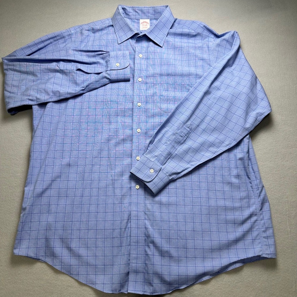 Brooks Brothers Button Down Shirt Mens 17.5-35 Blue Grid Traditional Non-Iron - Picture 2 of 8